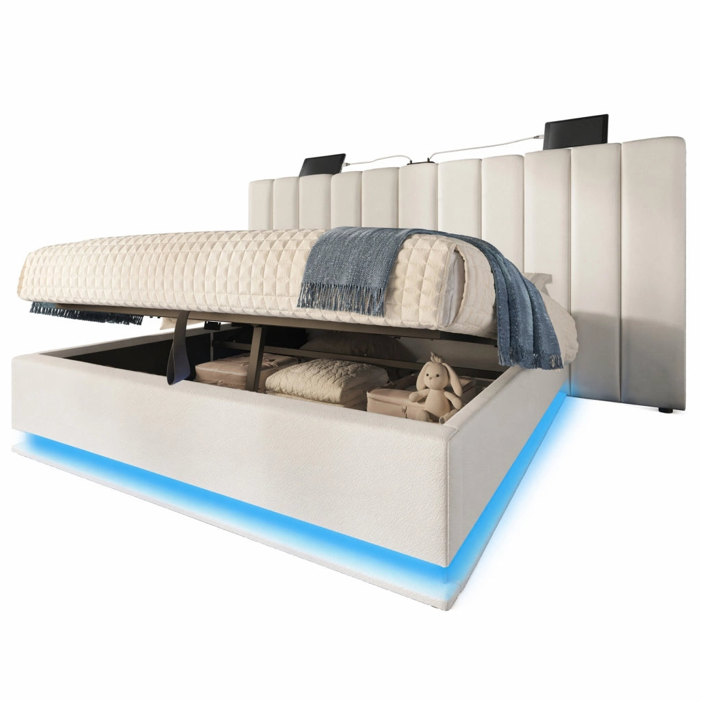 Letto matrimoniale imbottito 160x200 cm con contenitore; LED 360掳; USB e Type-C; bianco