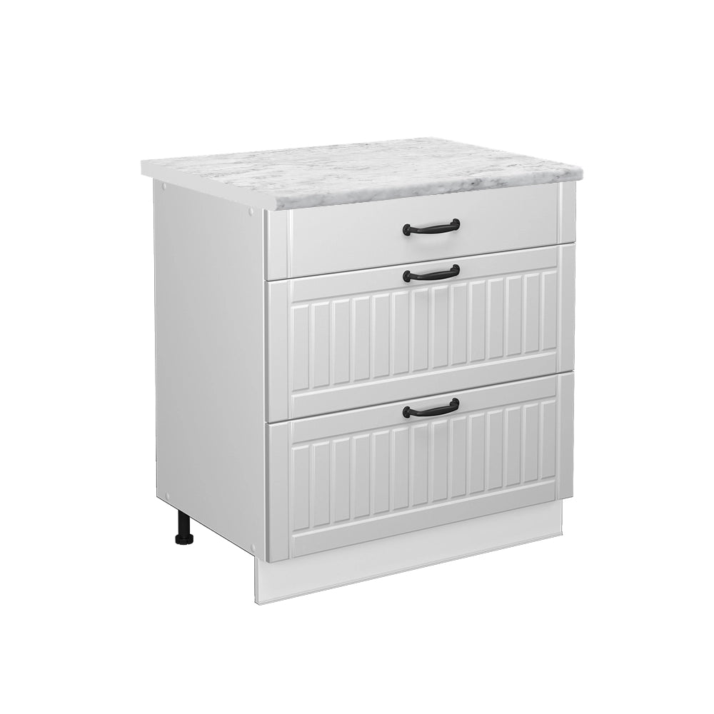 Mobiletto base per cucina Fame-Line Bianco rustico/Bianco 80 cm con 3 cassetti, PL Marmo Vicco
