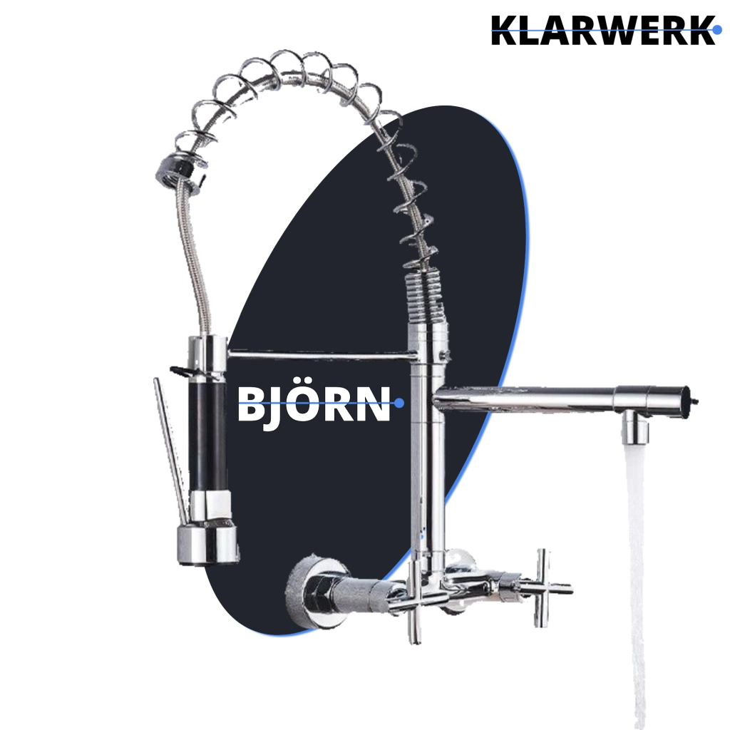 Björn | Herraje de pared para gastronomía argent brillante Grifo  cocina profesional de acero inoxidable con dos duchas|doble lavabo pared restaurante