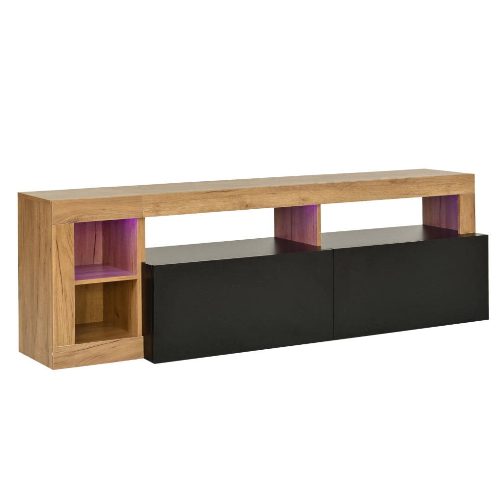 Mobile TV moderno in truciolato con illuminazione LED, colore nero e finitura effetto legno, 184 x 42 x 58 cm, per TV fino a 80 pollici