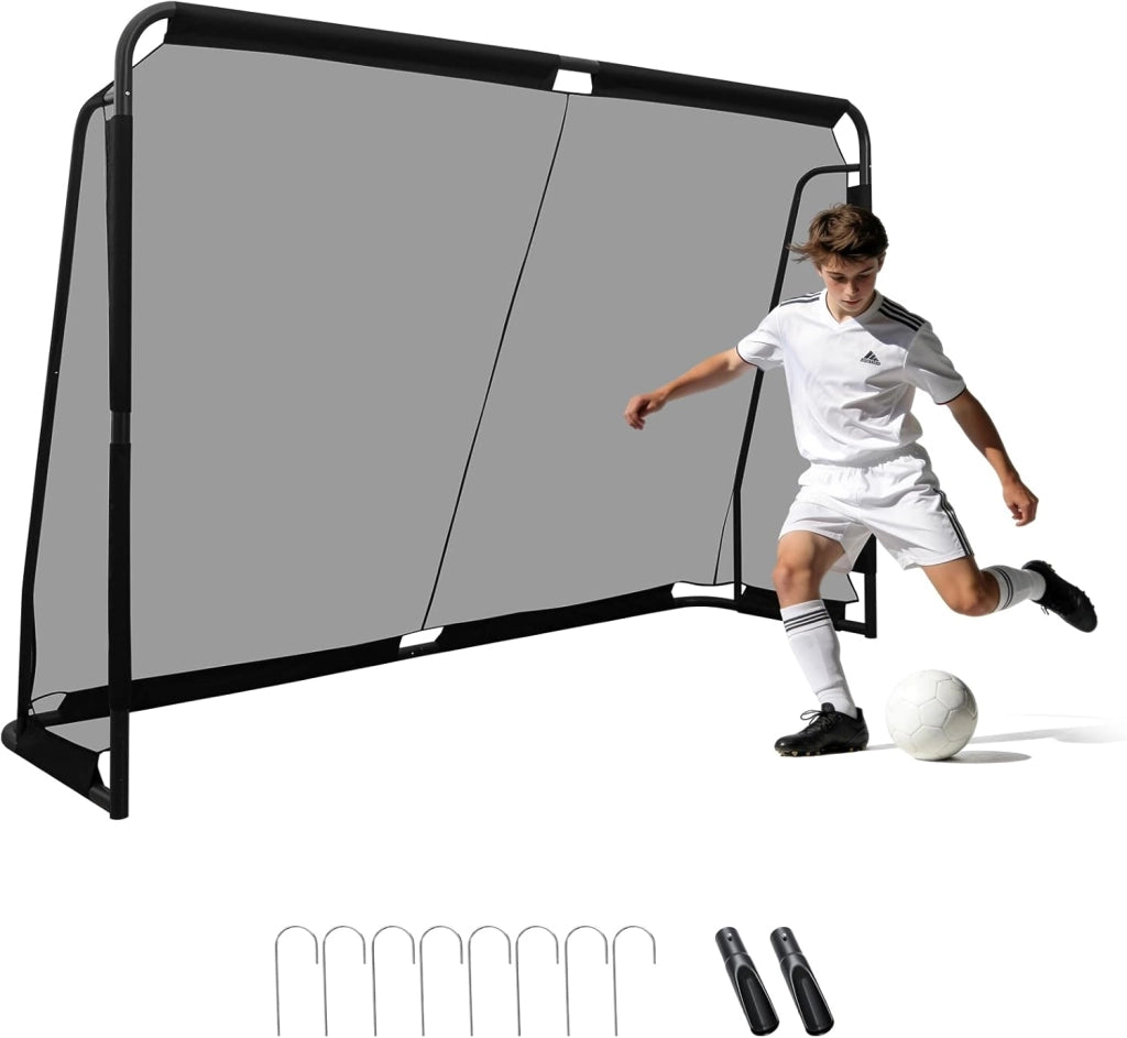 Porta da Calcio per Bambini e Adulti 3 x 2 m con Struttura in Metallo, Rete PE Impermeabile, 8 Picchetti, Sistema di Montaggio a Pulsante, Attrezzatura da Allenamento per Calcio all'Aperto