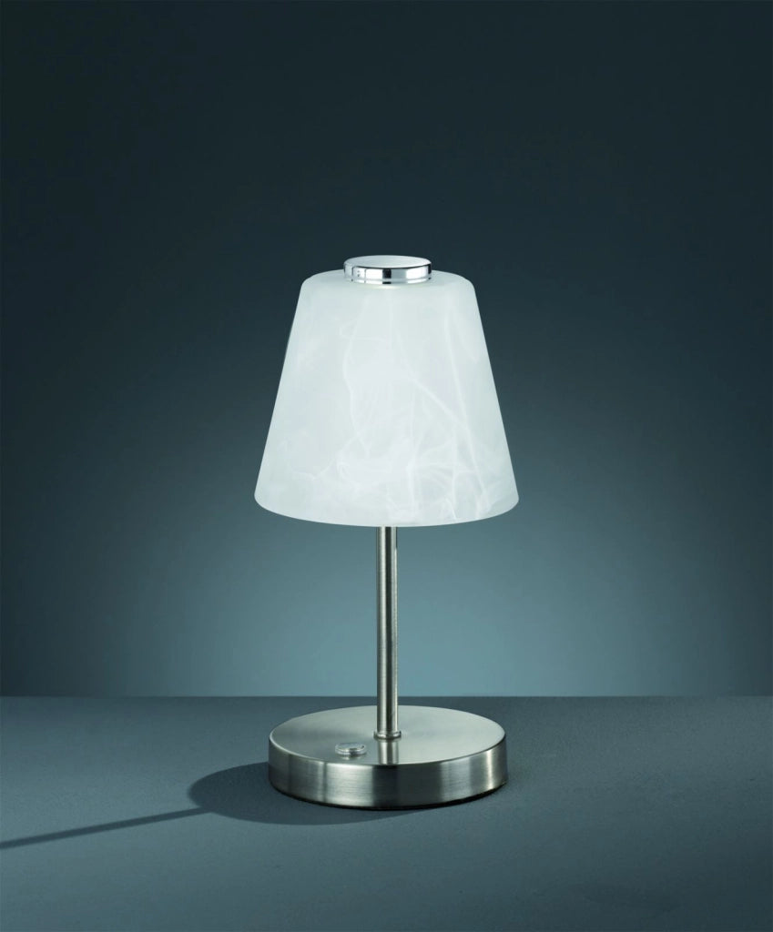 EMMY LAMPADA DA TAVOLO LED 3W 280lm, 3000K VETRO ALABASTRO METALLO ACCIAIO SATINATO CON FUNZIONE TOUCH DIMMER A 4 INTENSITA' H. 24CM, D.12CM