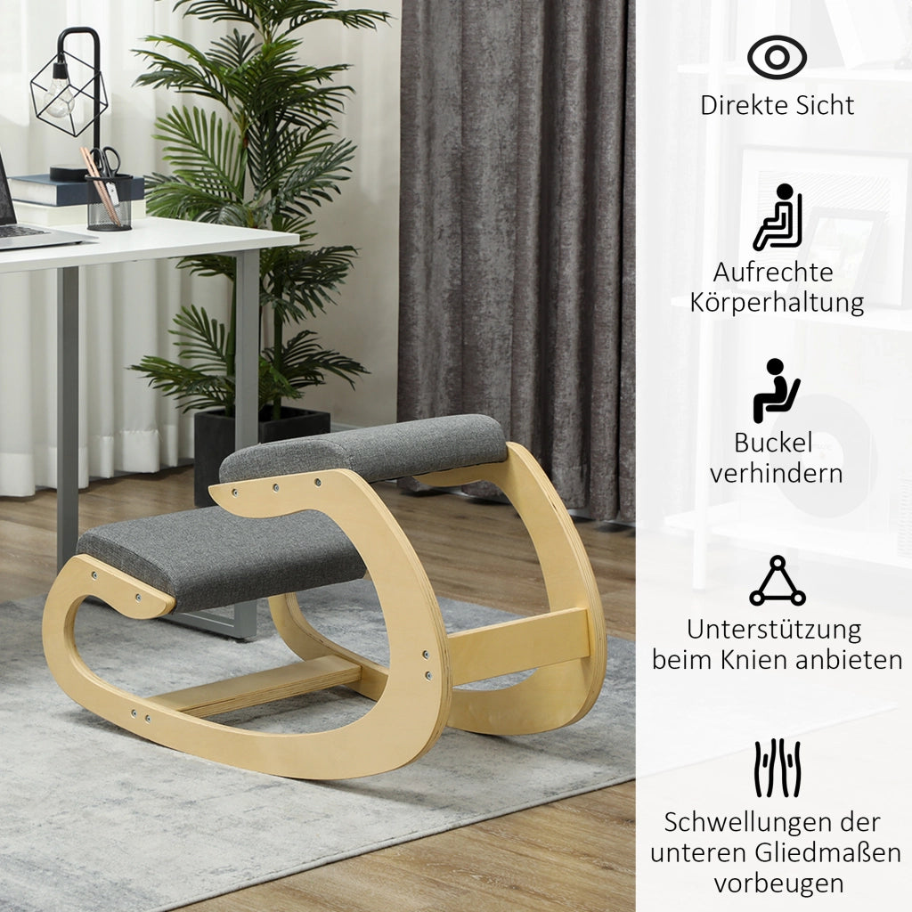 Chaise ergonomica a ginocchio con movimento oscillante e supporto stabile in legno grigio 54,5 × 85 × 54 cm