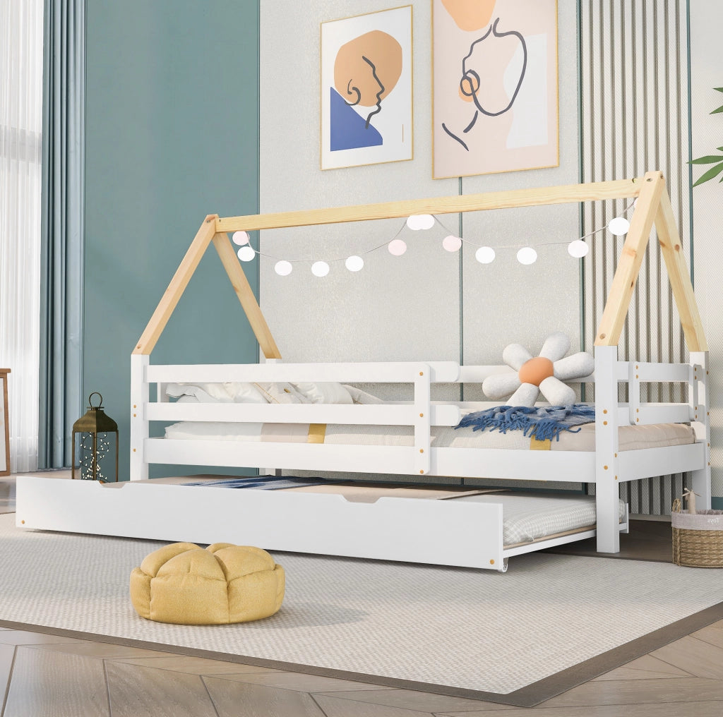 Letto a casetta bianco e naturale 90x200 cm con letto estraibile