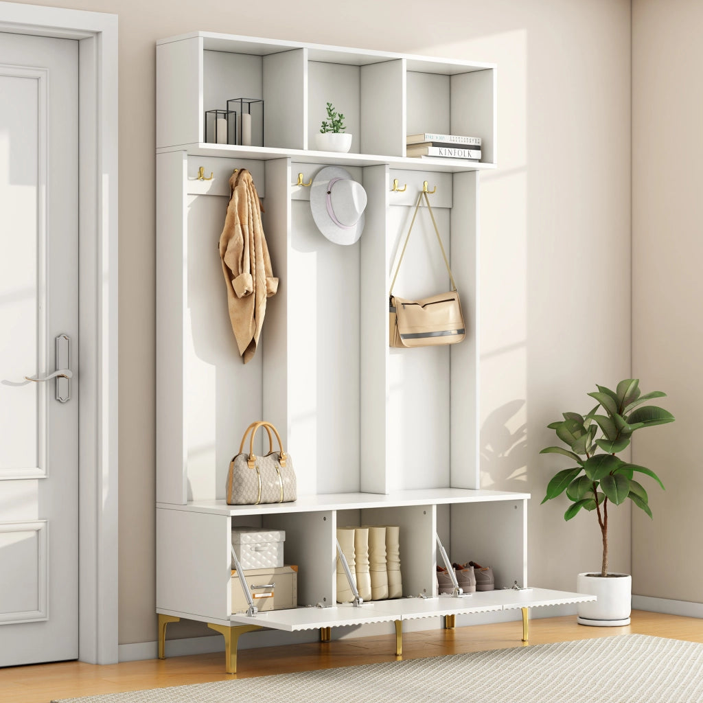 Mobile ingresso multifunzionale con panca, armadio guardaroba e scarpiera, bianco, 120 x 23,5 x 191,5 cm