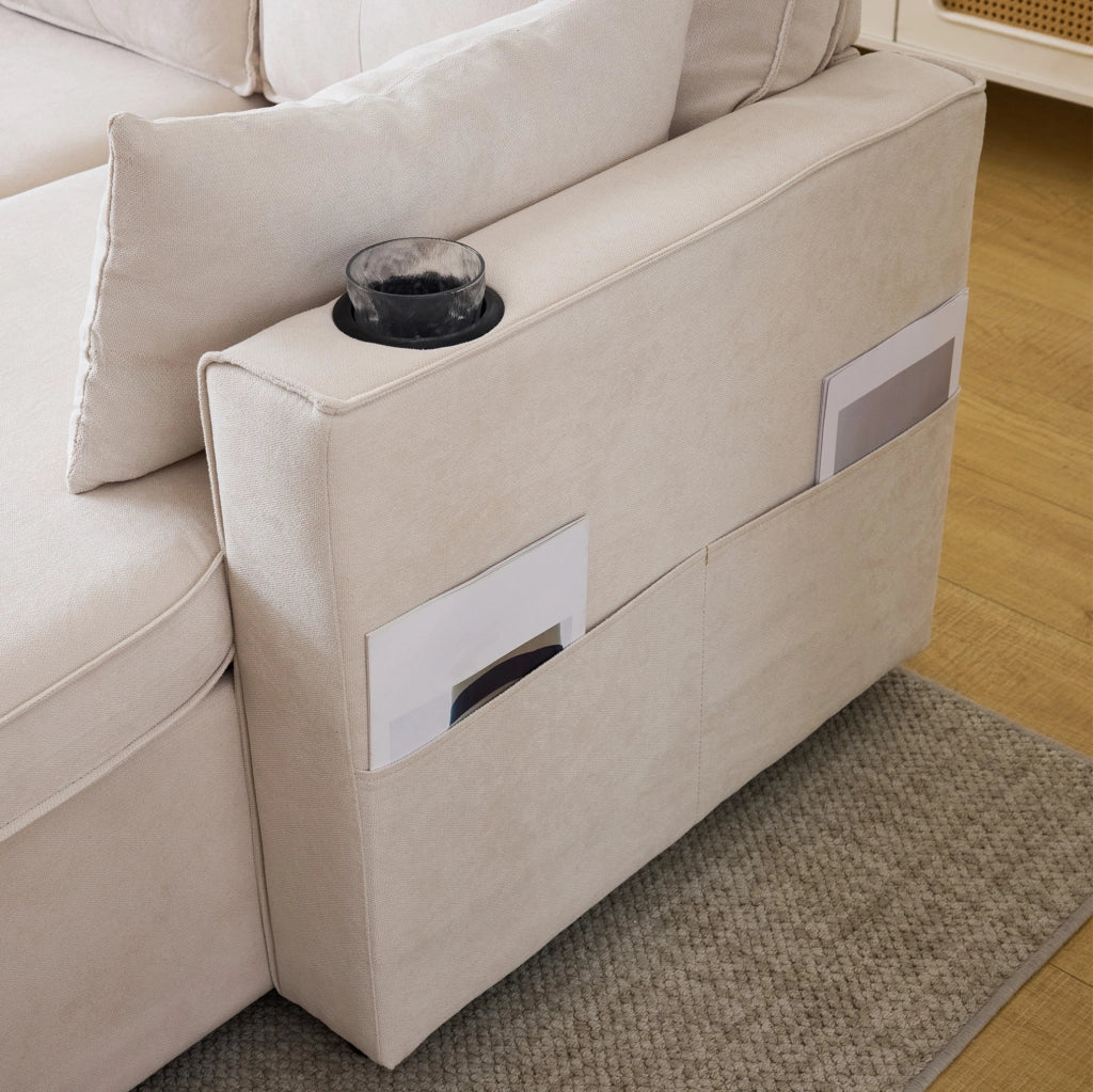 Divano letto reversibile con contenitore e portabicchieri in cotone e lino beige
