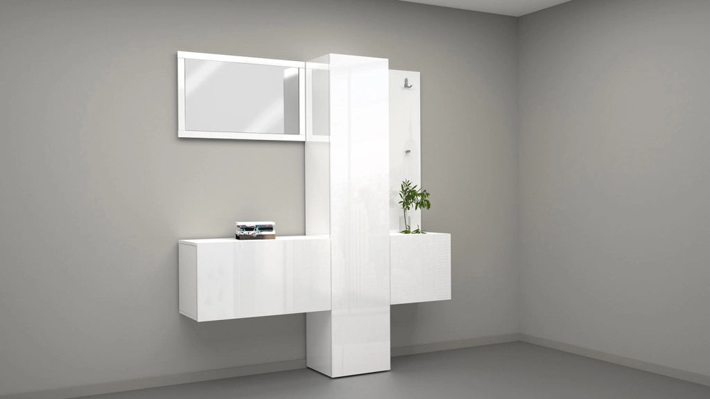 Mobile Ingresso Appendiabiti e Specchio 170x35x191 cm Kompact Bianco Lucido