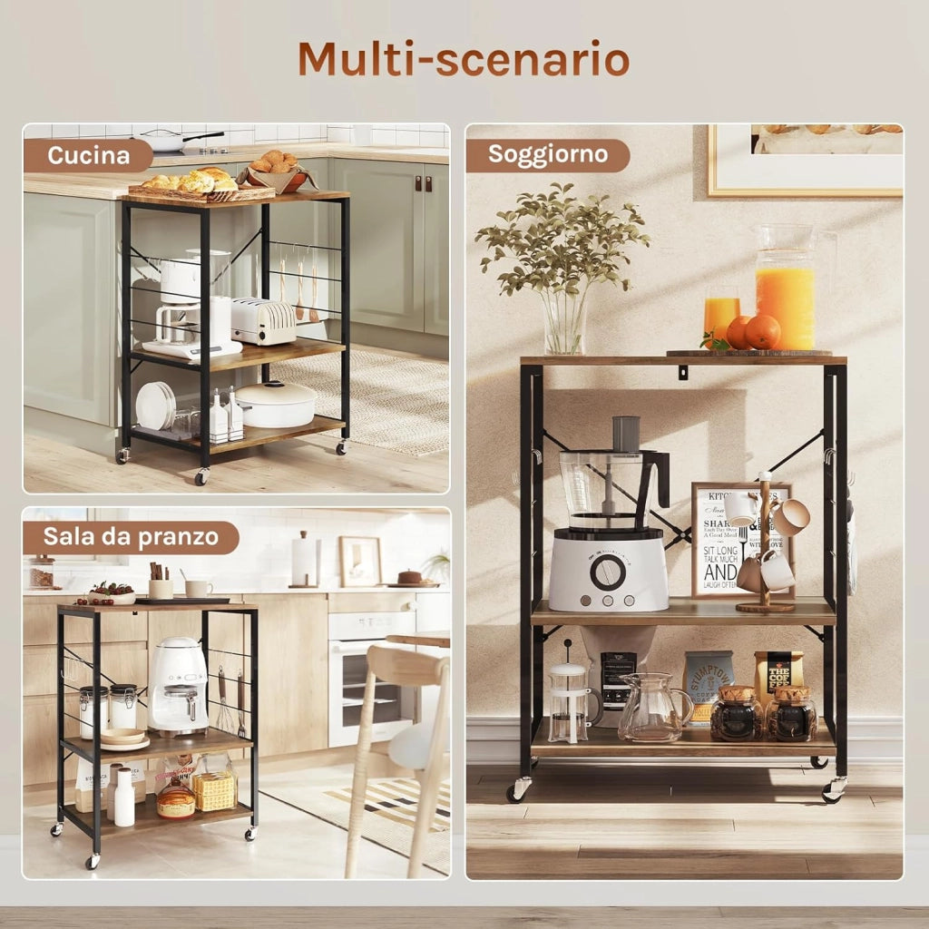 Scaffale da Cucina con Ruote, Carrello Cucina a 3 Livelli, Scaffale per Microonde con 4 Ganci, Carrello da Bar con Struttura in Metallo, Marrone Rustico+Nero, 60x40x82,5 cm