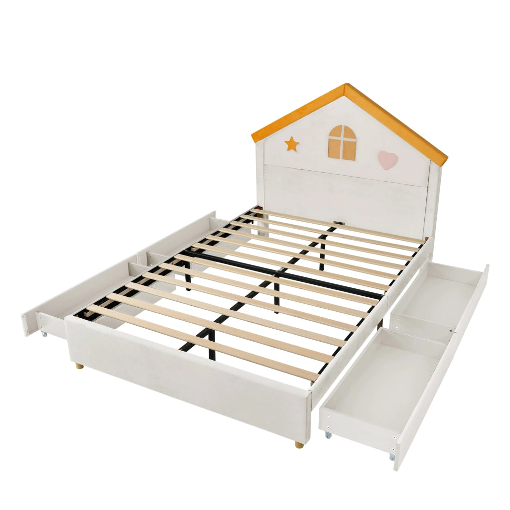 Letto per Bambini 140x200 cm con 4 Cassetti e Testiera a Casetta in Velluto Beige