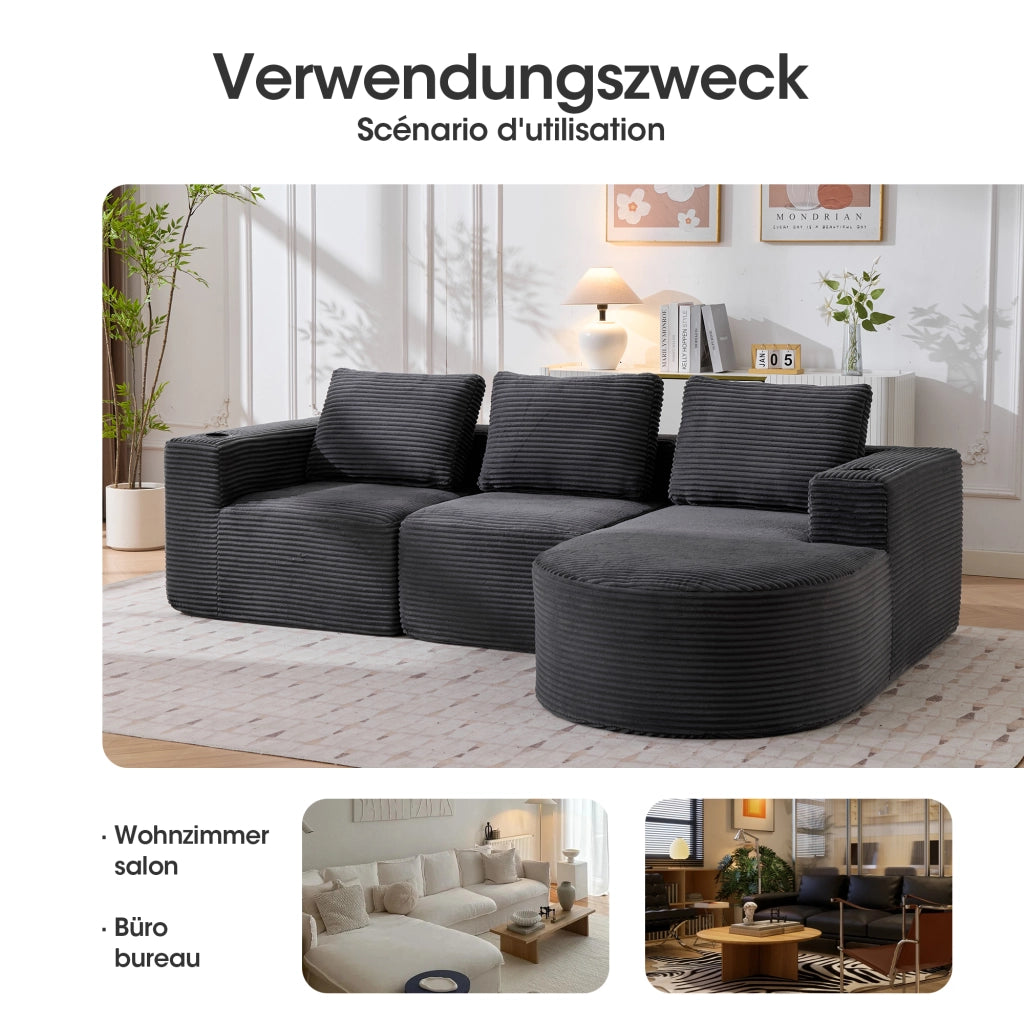 Divano lineare compatto con 3 cuscini e doppi portabicchieri in poliestere grigio scuro per piccoli spazi 265 × 176 × 60 cm