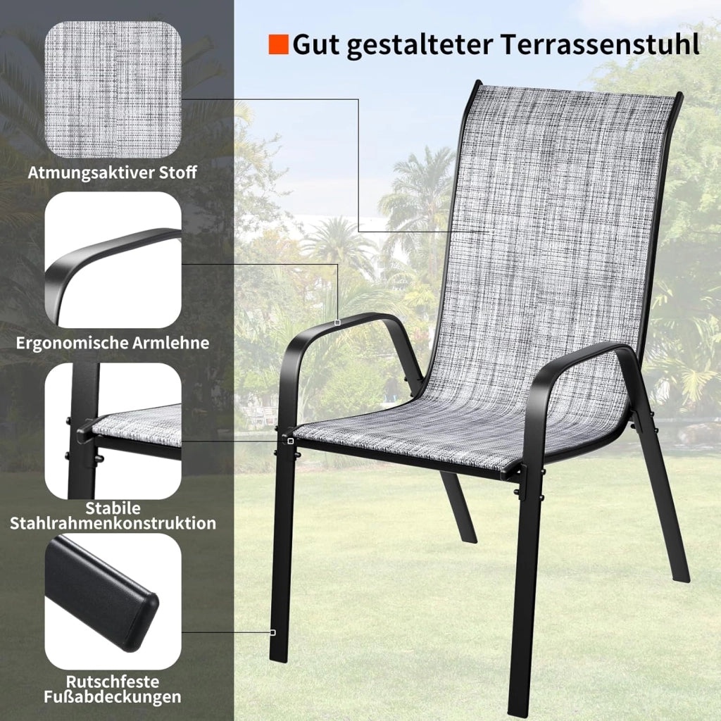 Sedia da giardino impilabile, da campeggio, impilabile, con schienale alto, in acciaio textilene, per giardini, cortili, balconi, ristoranti, 150 kg, portata: 54 x 69 x 93 cm 6pcs Lino grigio