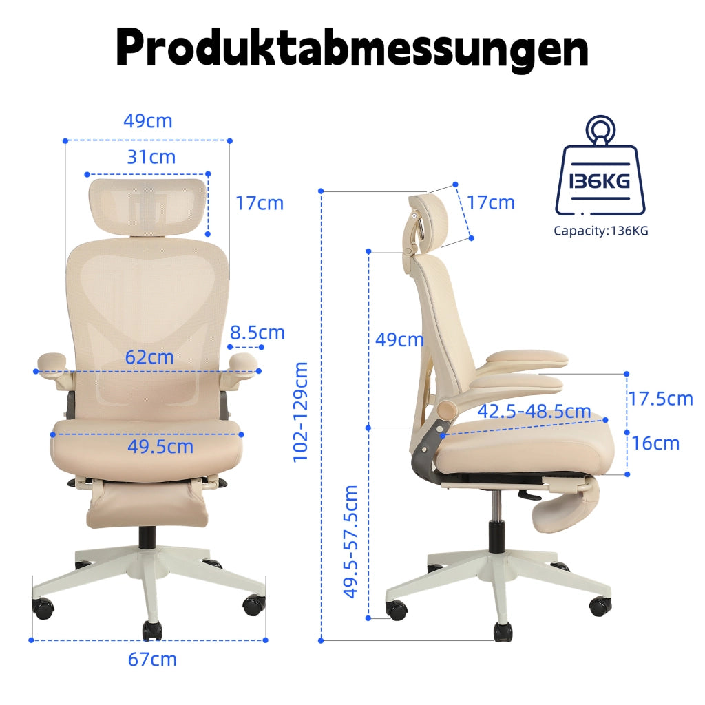 Sedia da ufficio ergonomica pieghevole salvaspazio con poggiatesta 3D, supporto lombare e schienale crema 65 × 61 × 40.5 cm