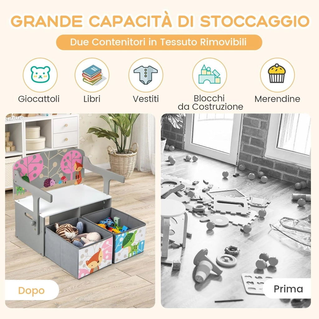 Cassapanca Contenitore 3 in 1 per Bambini Trasformabile in Legno con 2 Cassetti in Tessuto, Tavolo bambini con Sedie Multifunzione, Scatola dei Giocattoli per 3-7 Anni (Grigio)