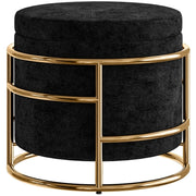 Pouf contenitore, poggiapiedi imbottito, struttura in metallo, placcato oro, nero