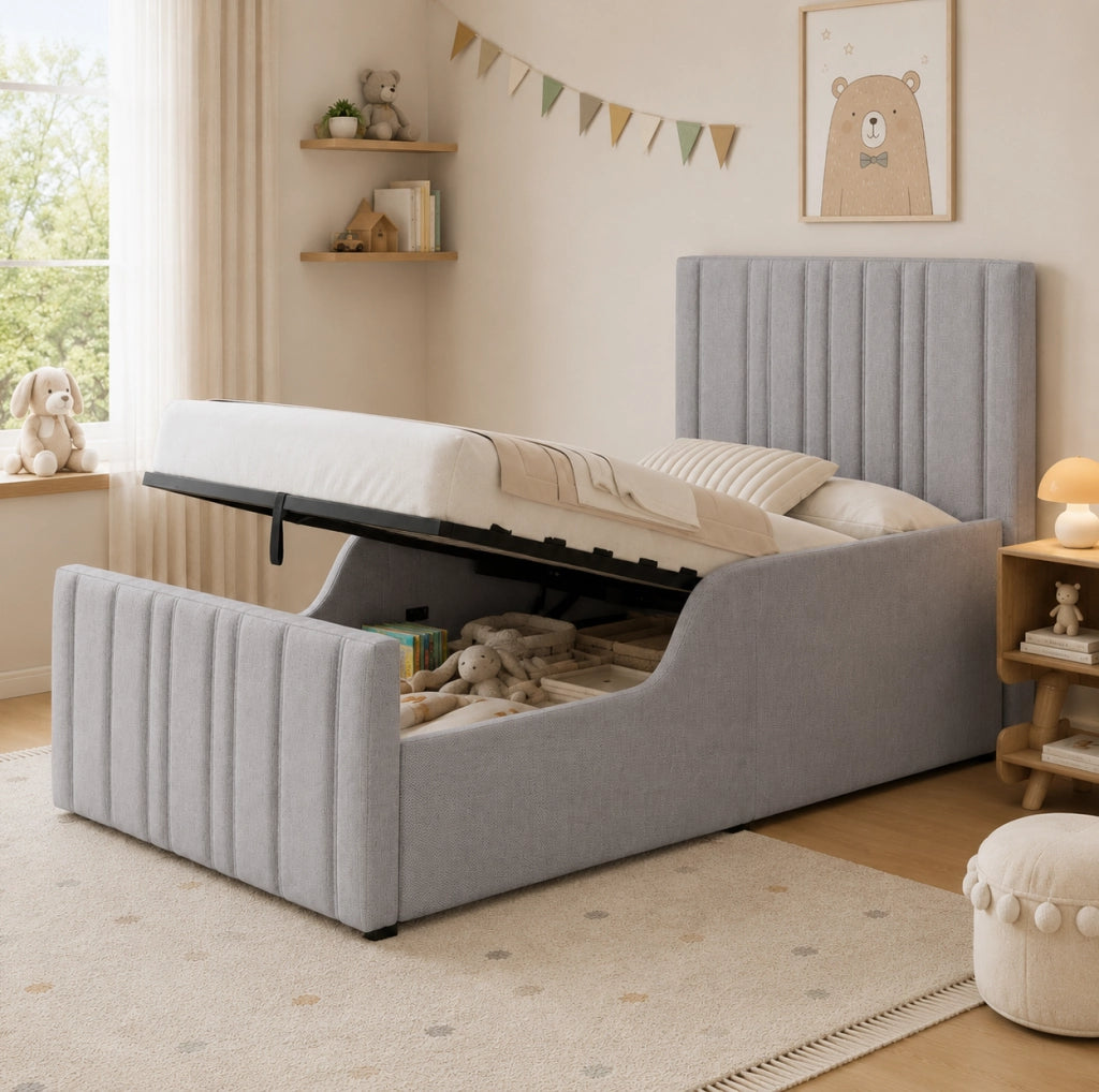 Letto imbottito 90x200 cm con contenitore e testiera trapuntata in lino grigio