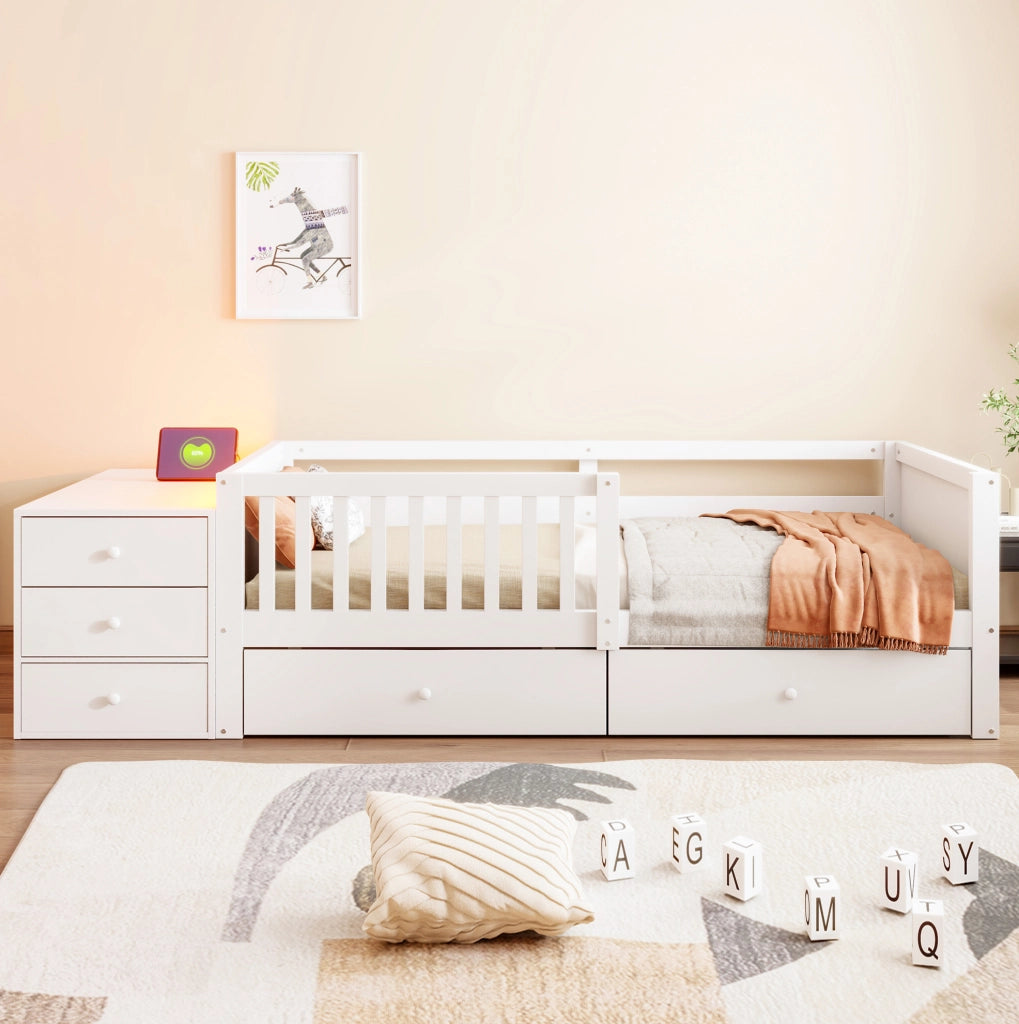 Letto a soppalco 90x200 cm con contenitore separato; LED; presa e 2 cassetti; Bianco