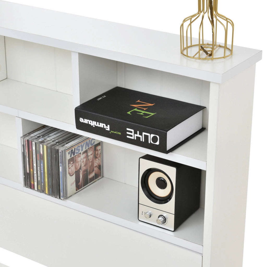 Letto singolo 90x200 cm con cassetti e testiera libreria; legno massello e MDF; bianco