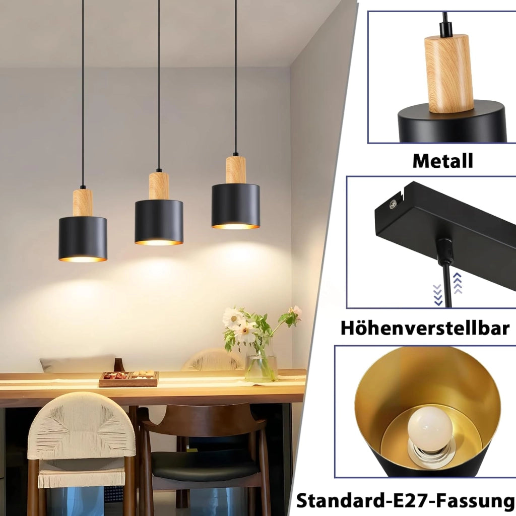 ZMH Lampada a sospensione E27 nera a 3 luci altezza regolabile stile vintage adatta per sala da pranzo o cucina