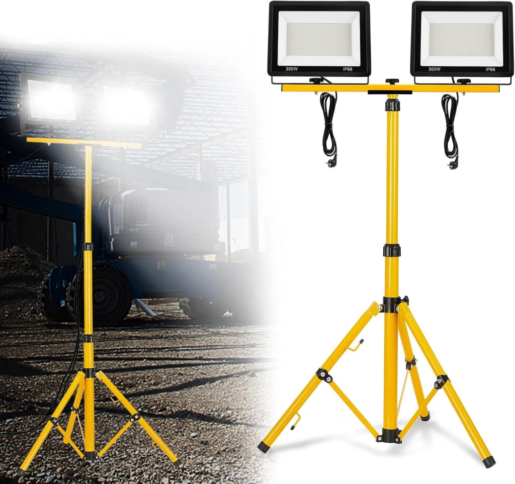 Faretto da costruzione, 2 x 200 W, 16000 lm, LED da lavoro, con treppiede e cavo da 3 m, impermeabile, IP66, per garage, officina, cantiere, bianco freddo