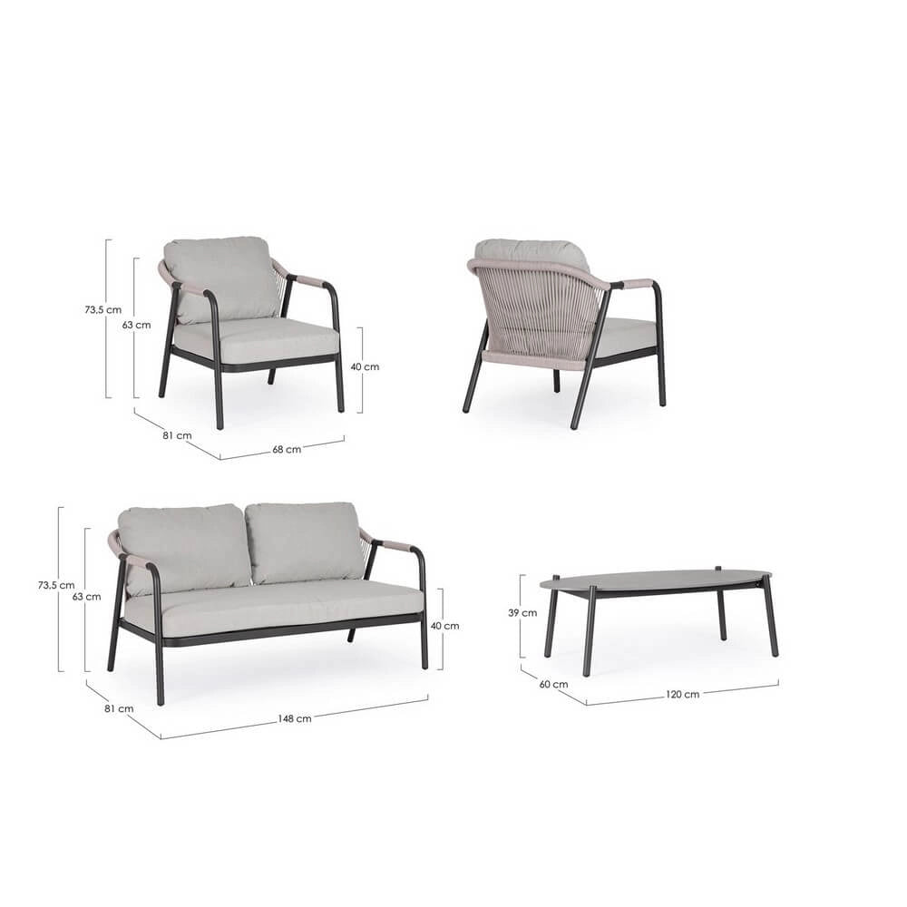 Set da 4 Salotto da Esterno in Alluminio con Cuscini e Corda - VERALIS