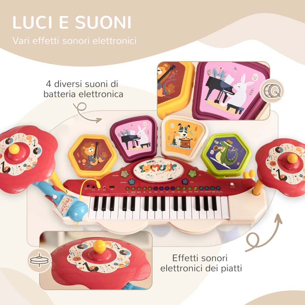 Pianola per Bambini 3-6 Anni con Sgabello, Microfono, Tamburo e Bacchette, in PP e ABS, 74x32.2x71 cm