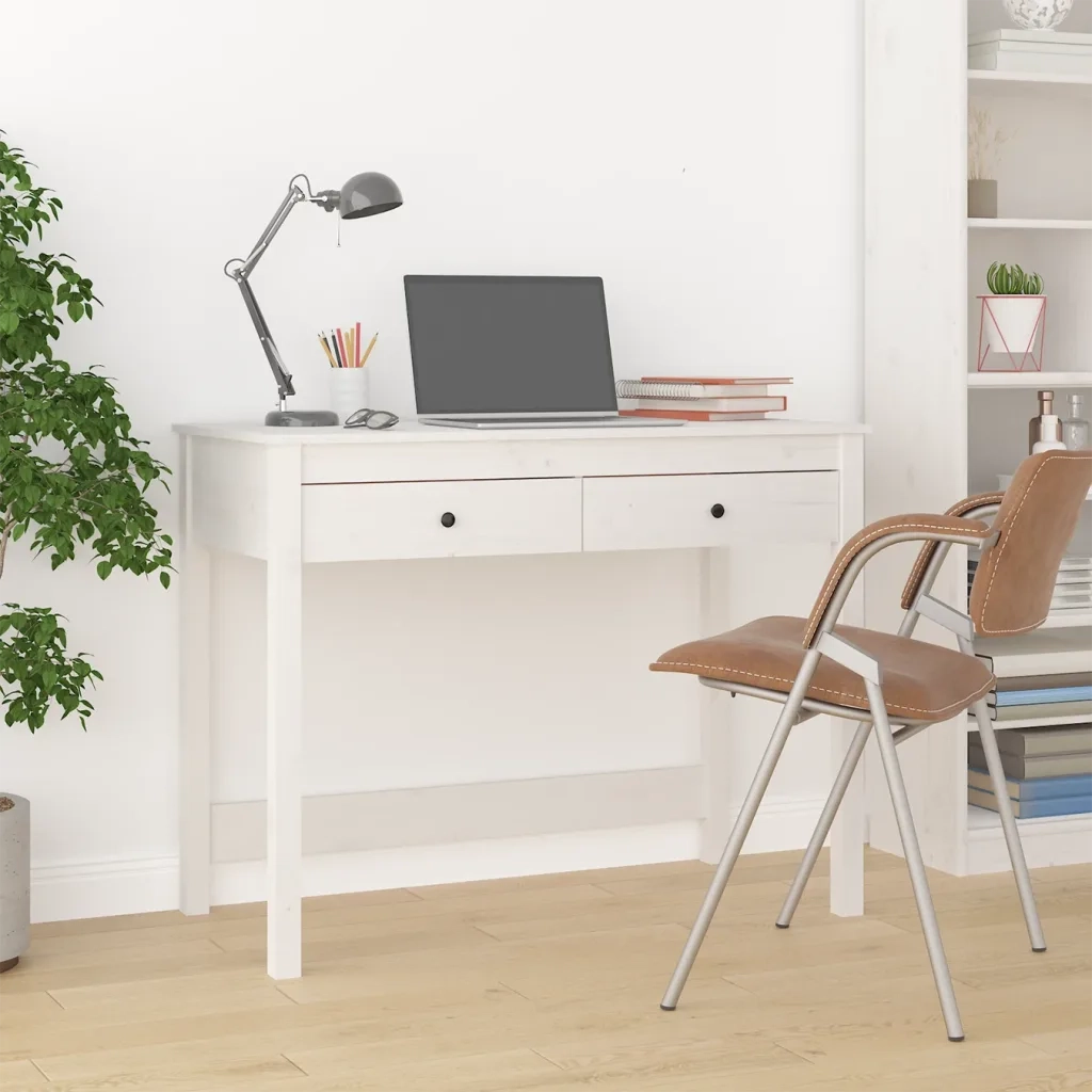 Scrivania | Tavolo da Ufficio con Cassetti Bianca 100x50x78 cm Legno Massello Pino