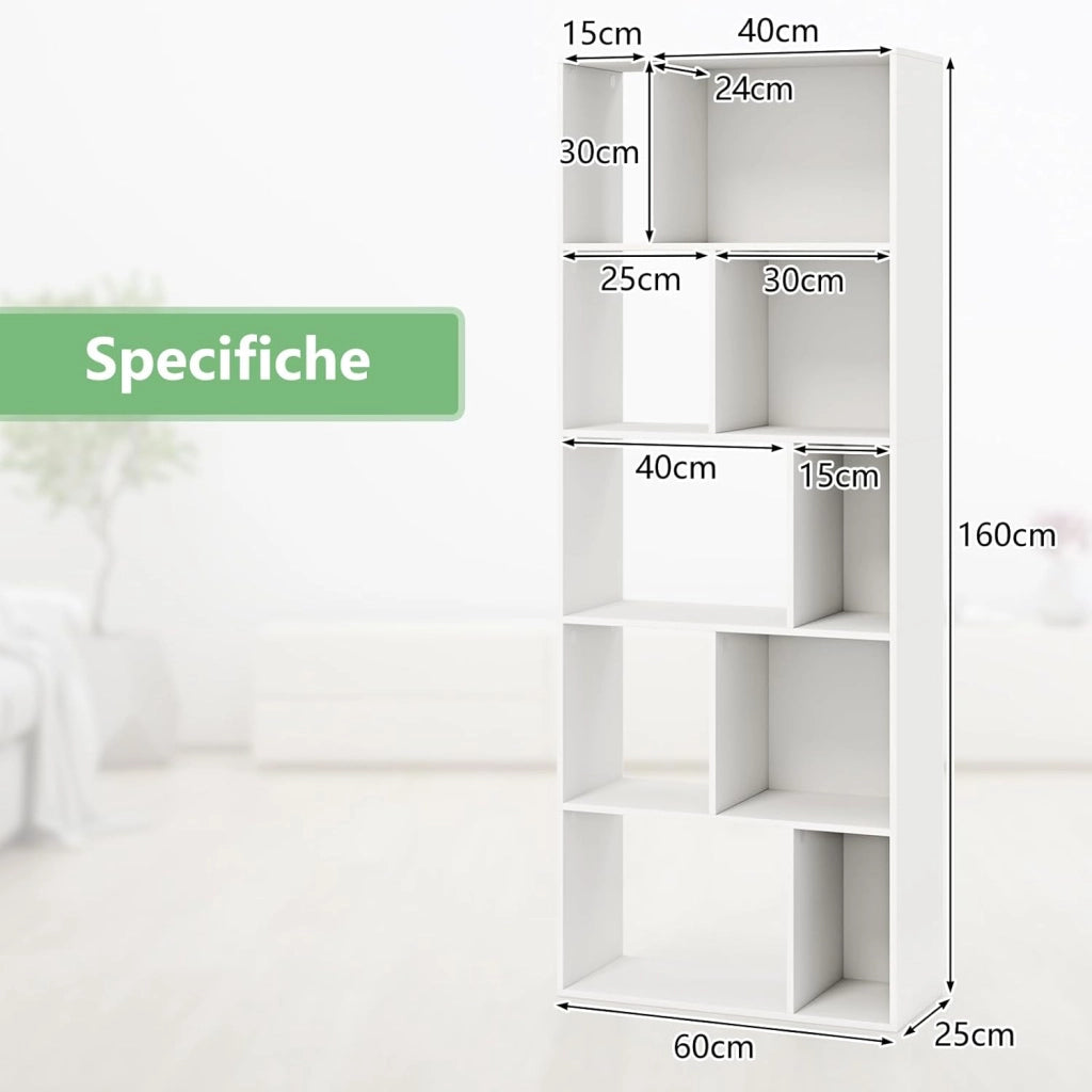 Libreria Geometrica a 5 Piani, Scaffale in Legno con 10 Scomparti, Mensola Espositiva a Pavimento, Scaffale Autoportante per Studio Soggiorno Camera da Letto, 60x25x160 cm