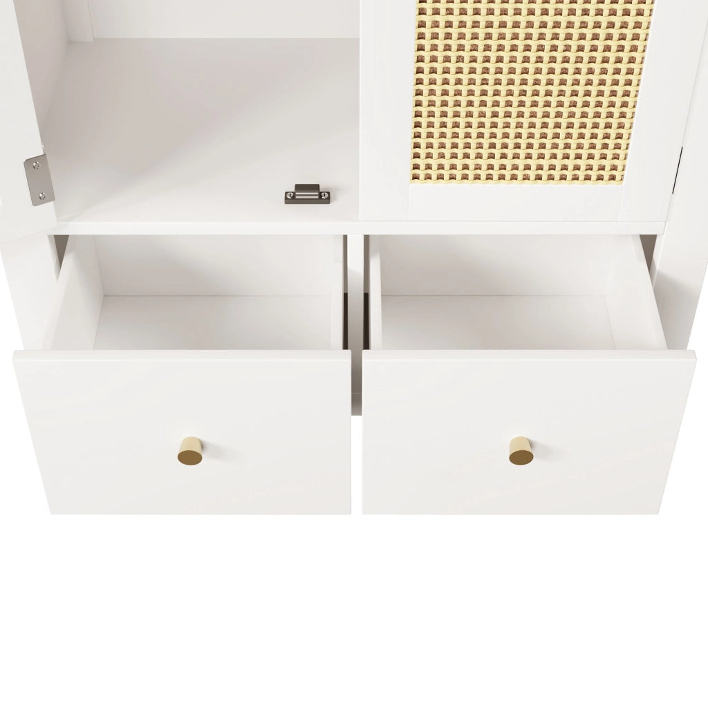 Armadio, decorazioni in vimini, 2 ante con chiusura magnetica, 2 cassetti, ripiani aperti, 181 x 78 x 45 cm, bianco