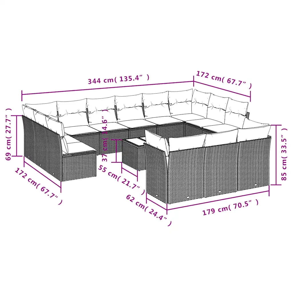 Set Divani da Giardino 14pz con Cuscini in Polyrattan Marrone