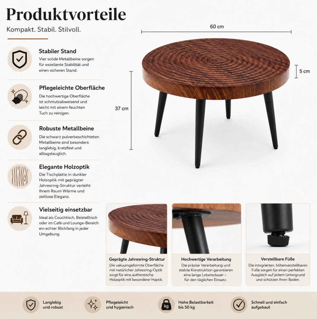 Tavolino da caffè rotondo ? 60 cm in MDF effetto noce e metallo nero