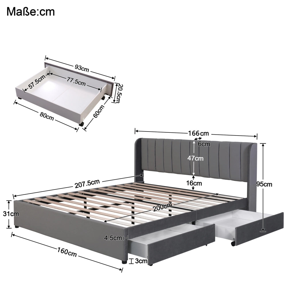 Letto matrimoniale 160x200 cm; testiera alta con 2 cassetti; velluto grigio (Senza materasso)