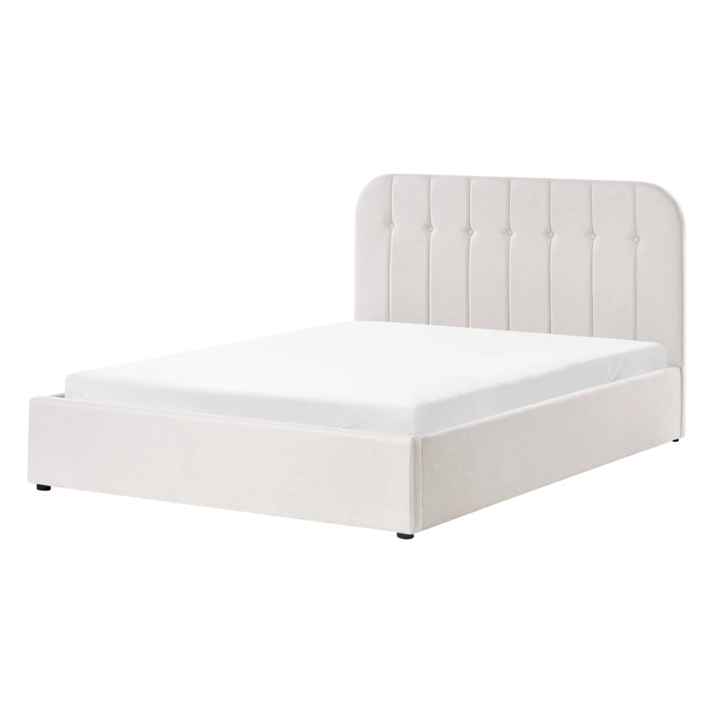 Letto Matrimoniale con Contenitore in tessuto bianco sporco 140 x 200 cm con testiera a doghe