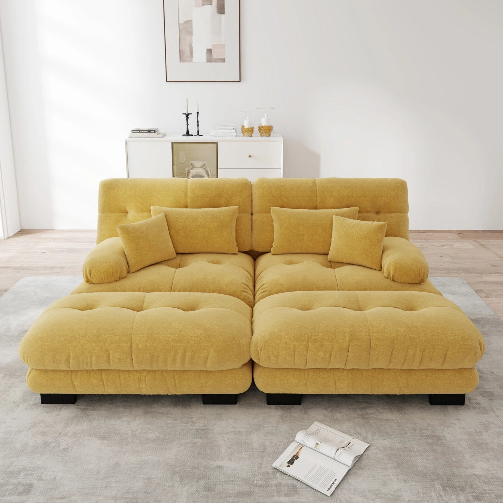 Divano angolare modulare in chenille con cuscini lombari e pouf mobili, stile cloud giallo 220 × 145 × 81 cm