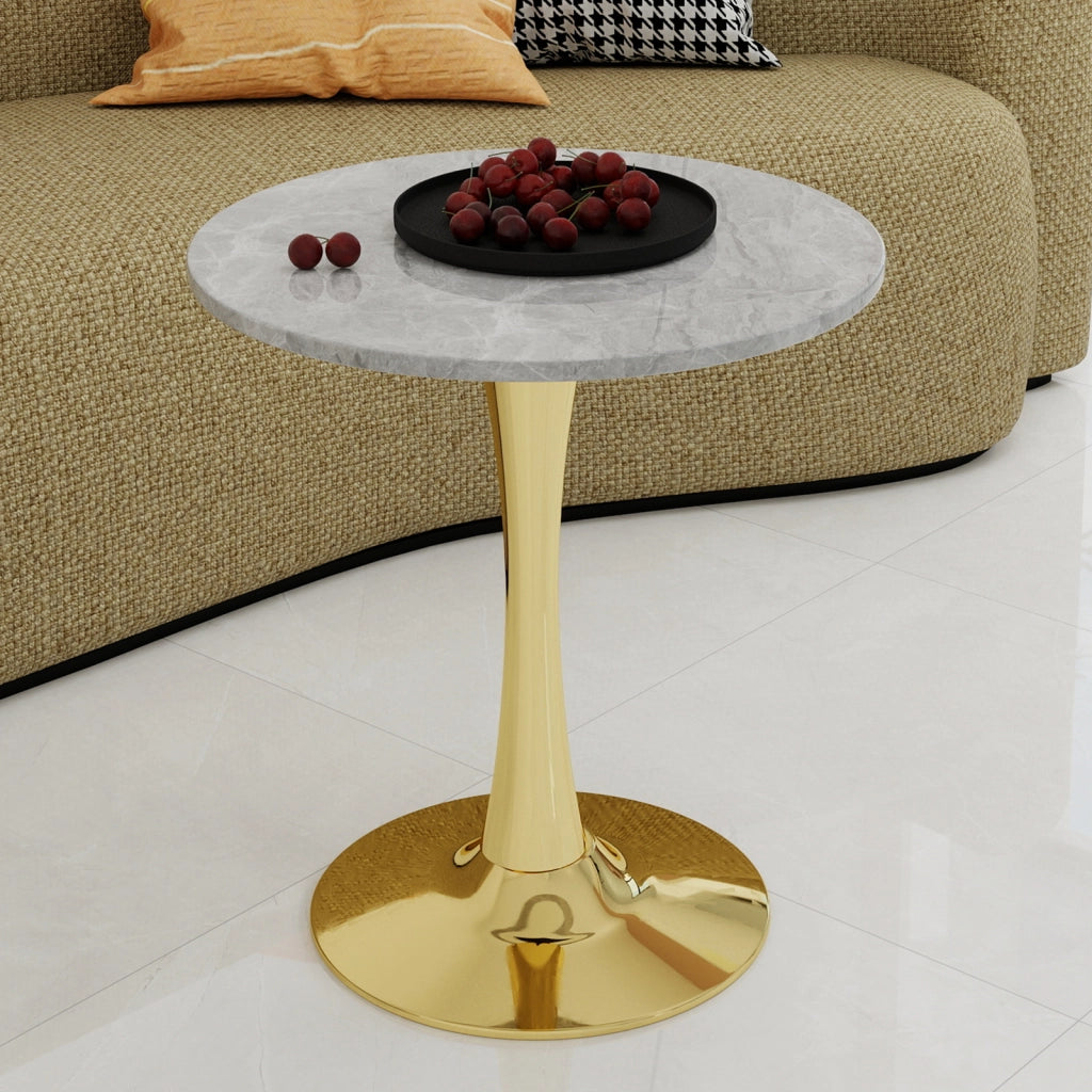 Tavolo da pranzo - rotondo 70 cm - stile mid-century - marmo grigio chiaro - per 2-4 persone - dorato