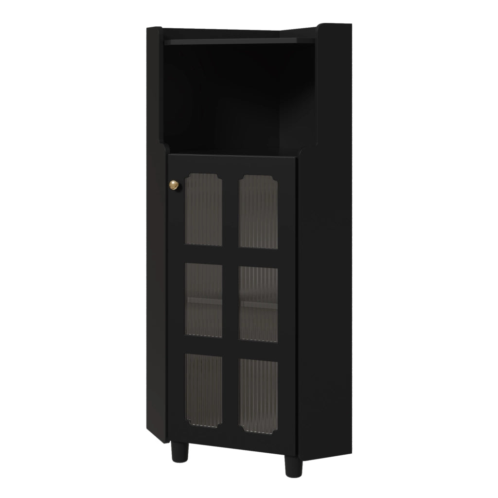 Mobile angolare con LED da app, vano aperto e vetrina a 2 livelli, per soggiorno e bagno, in MDF nero, 63.5 × 124 cm