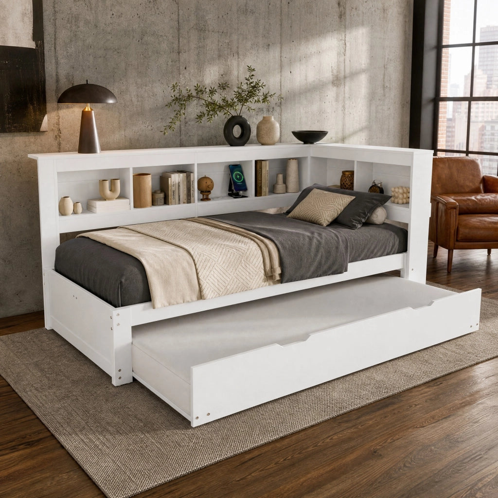 Divano letto estraibile 90 x 200 cm con prese e USB, bianco