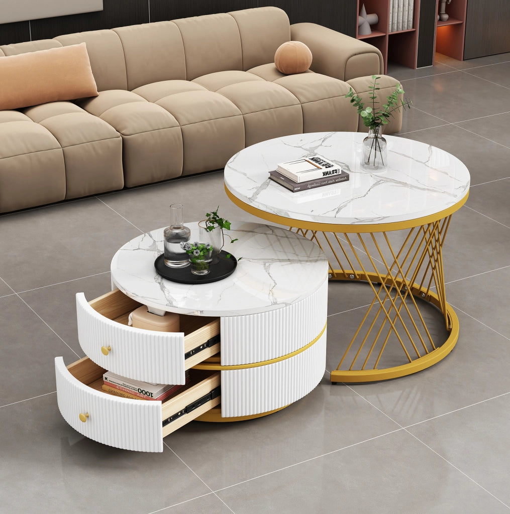 Set di 2 tavolini da caffè rotondi bianchi in MDF con effetto marmo lucido; 60x60x46 cm e 50x50x30;8 cm