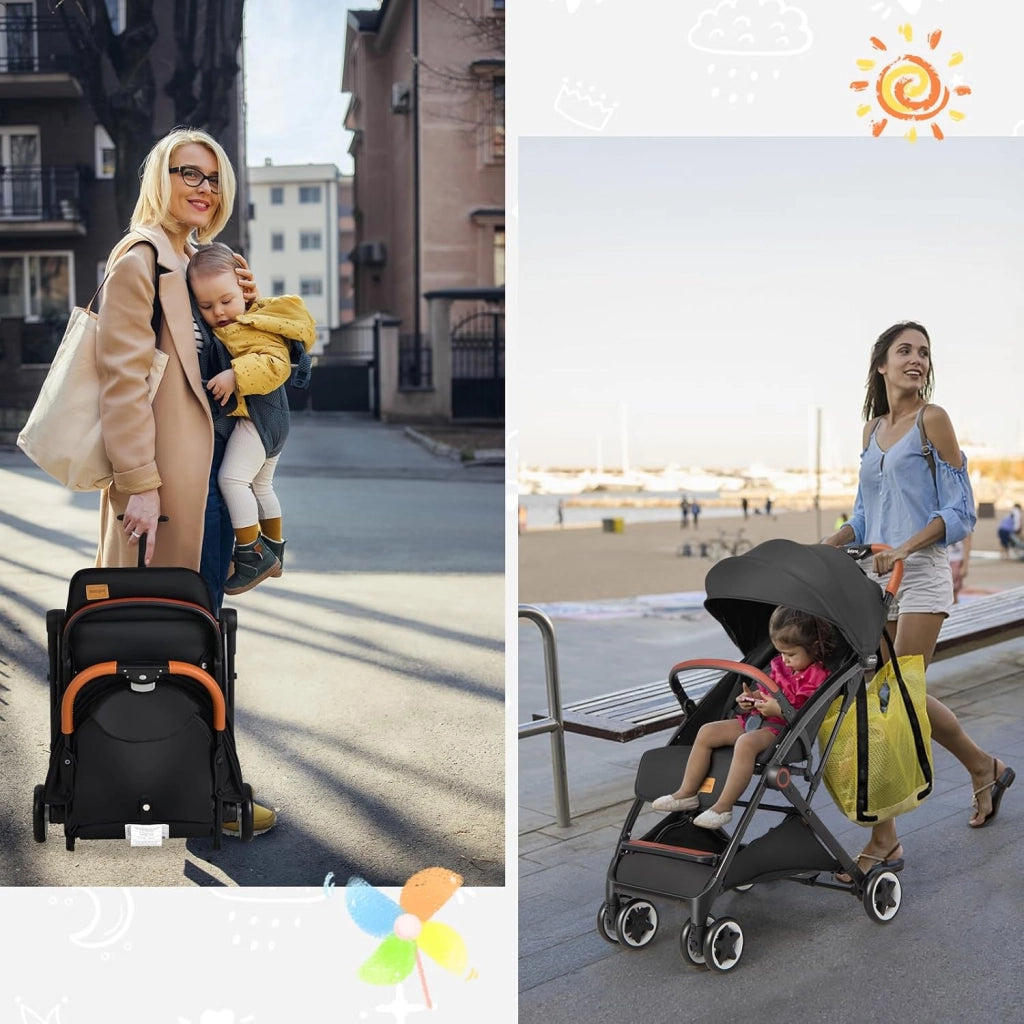 Passeggino Leggero per Bambini, Carrozzina con Schienale Regolabile, Passeggino Pieghevole con Ruote Universali, Sacco a fondo,per Bambini 0-36 Mesi, Portata 15 kg(Nero)