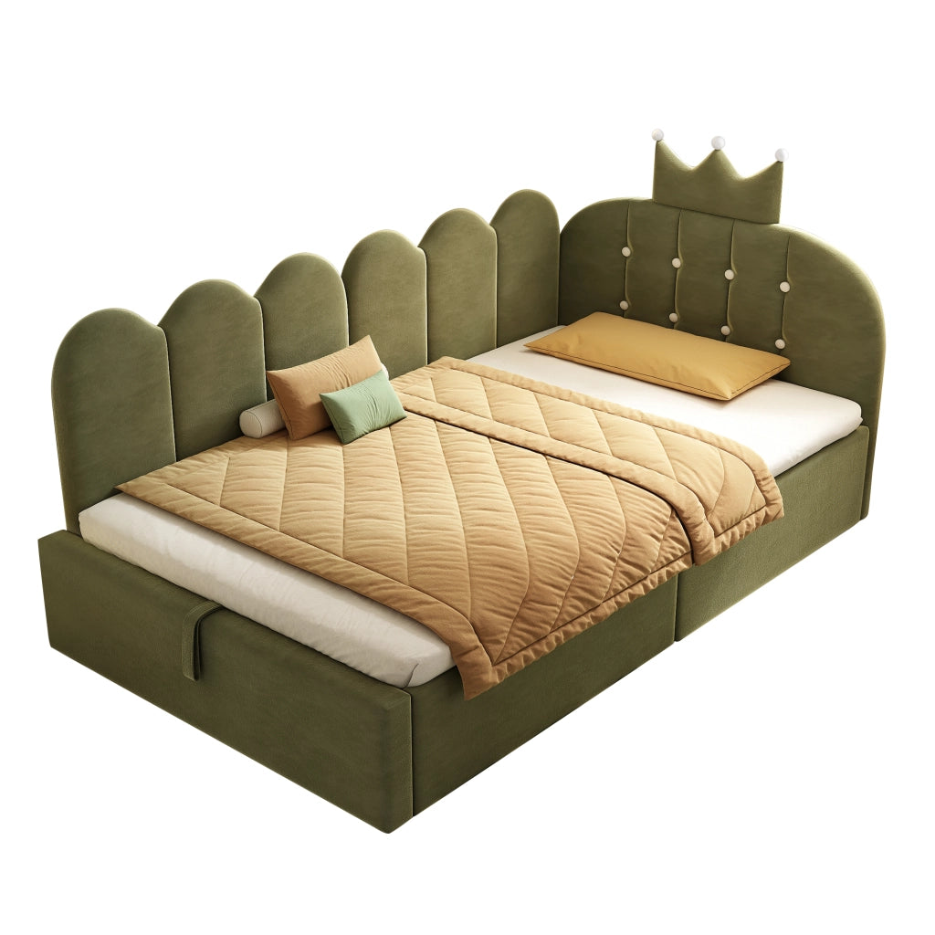 Letto contenitore daybed 90x200 cm in velluto verde con design a corona, senza materasso
