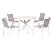 Set da pranzo 4 posti composto da tavolo in alluminio con piano in vetro ceramico e sedie con cuscini grigi giardino terrazzo elegante