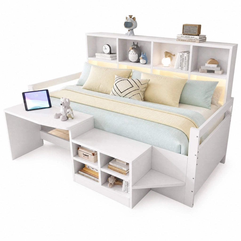 Letto singolo multifunzione 90x200 cm con scrivania; LED e vani contenitore; bianco