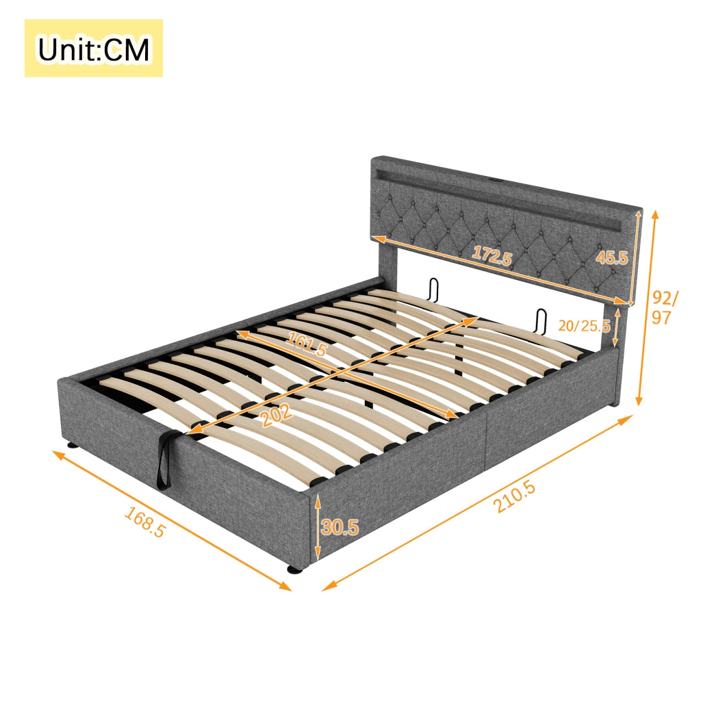 Letto imbottito matrimoniale 160 × 200 cm con contenitore sollevabile, led regolabile, usb e tipo-c, senza materasso, grigio