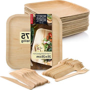 Servizio di foglie di palma duraturo - 75 pezzi - piatti e posate in legno di bambù - alternativa eco sostenibile