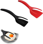 Tang e Spatola in un Unico - Smalto Antiaderente in Silicone - Cucina - Spatola - Antiscivolo - Rosso e Nero - 2 Pezzi
