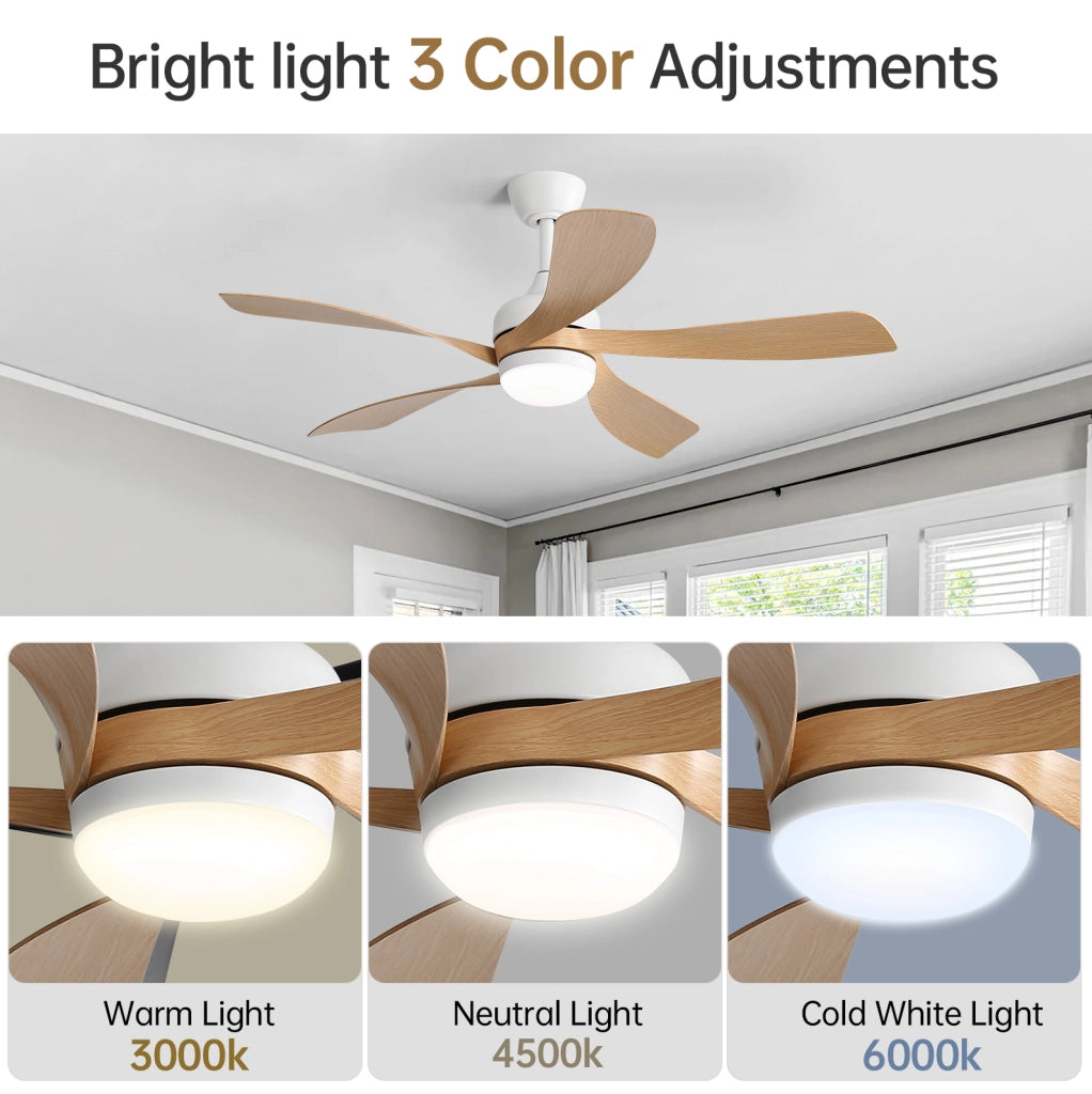 Ventilatore da soffitto 42" con LED dimmerabile; motore DC reversibile; ABS bianco