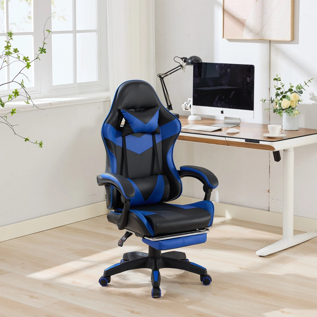 Sedia Gaming Ergonomica Girevole ¨C MINIMAL ¨C Ecopelle Nero e Blu, Poggiatesta e Supporto Lombare
