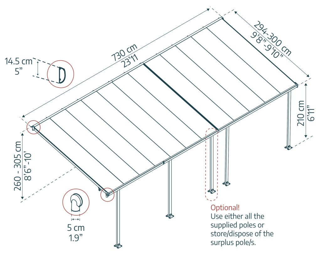 Pergola Addossata in Alluminio Feria 3X7.3 m colore Grigio