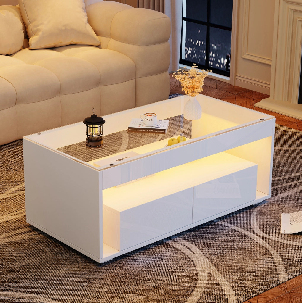 Tavolino da salotto moderno 100x50x40 cm in truciolare bianco con LED e piano in vetro temperato