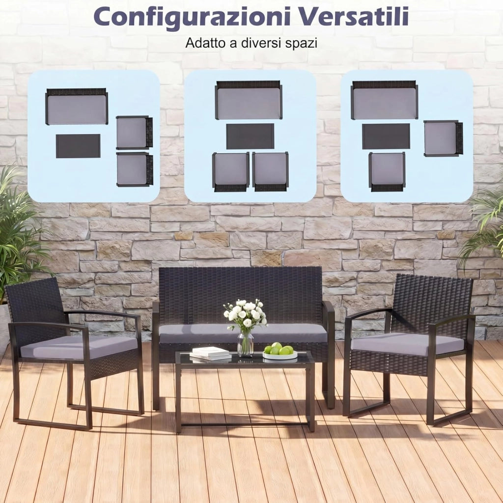 Set di Salotto da Esterno in Rattan PE, Mobili da Giardino con Divano 2 Posti, 2 Poltrone, Tavolino in Vetro Temperato e Cuscini Morbidi, Set Salottino per Terrazza, Balcone, Piscina (Grigio)