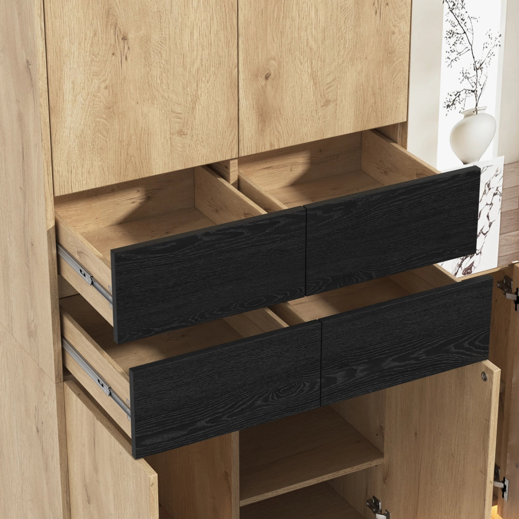 Armadio con Specchio e LED Guardaroba Moderno Rovere 110x47x200 cm con 4 Cassetti e 9 Scomparti